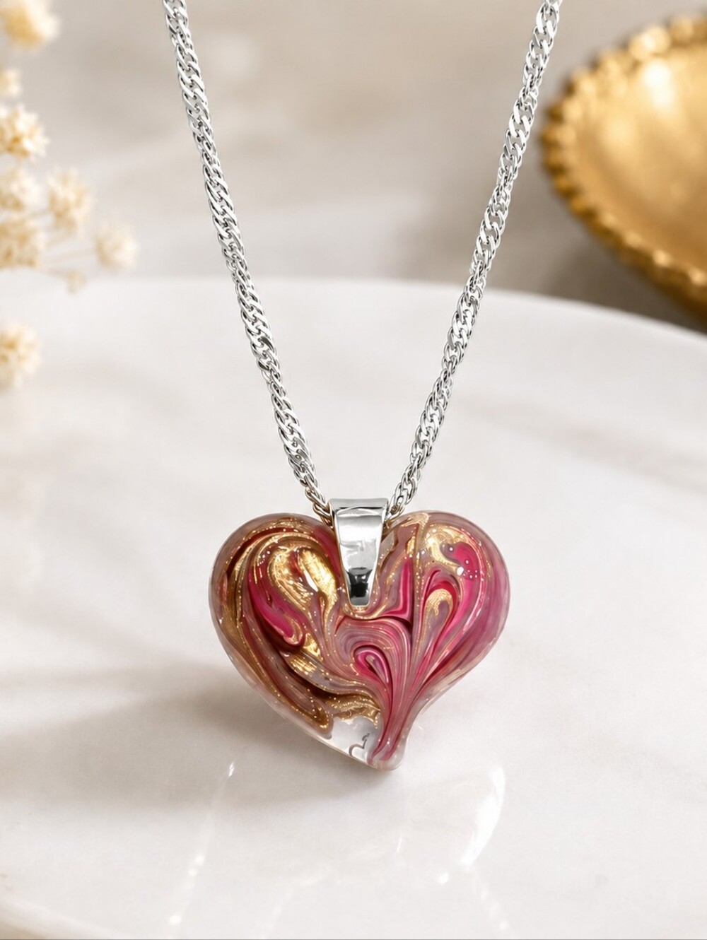 Heart Shaped Pendant Necklace in Pink and Gold